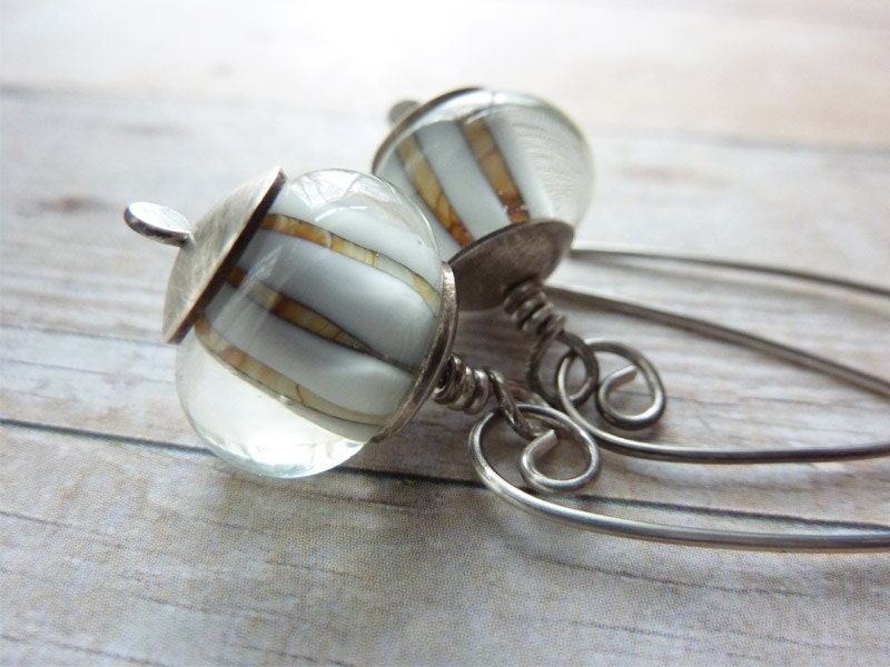 Sterling Silver Drop Earrings Lampwork Beads Natural Color Long Neutral Boho Bohemian Contemporary - ATwistOfWhimsy