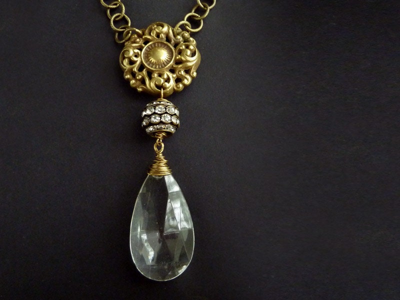 Repurposed Brass Necklace Vintage Hardware Brass Knob Antique Chandelier Crystal Rhinestones Ball Upcycled Jewelry