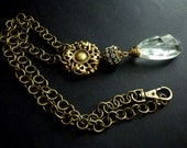Repurposed Brass Hardware Necklace Vintage Brass Knob Antique Chandelier Crystal Rhinestones Ball Upcycled Jewelry