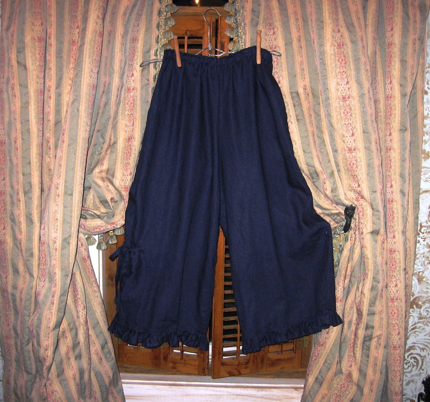 linen pant  bloomer with ruffle and drawstring pocket in navy blue