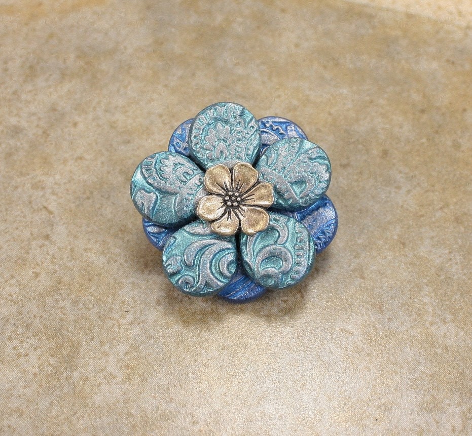 Colorful Flower Brooch Silver Turquoise Cobalt Blue Flower Pin Boho Chic Jewelry