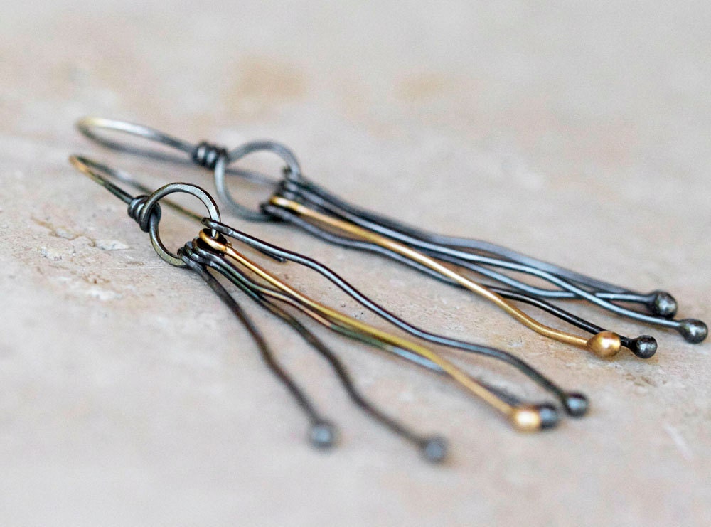 Silver and 14k gold funky fringe earrings - Mixed metals earrings - Fringe earrings - Sterling silver earrings - 14k gold earrings