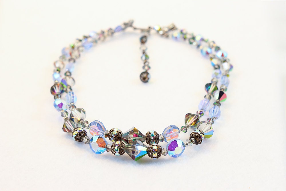 Beaded Faceted AB Glass Necklace with Rhinestones - Iridescent  - 3439