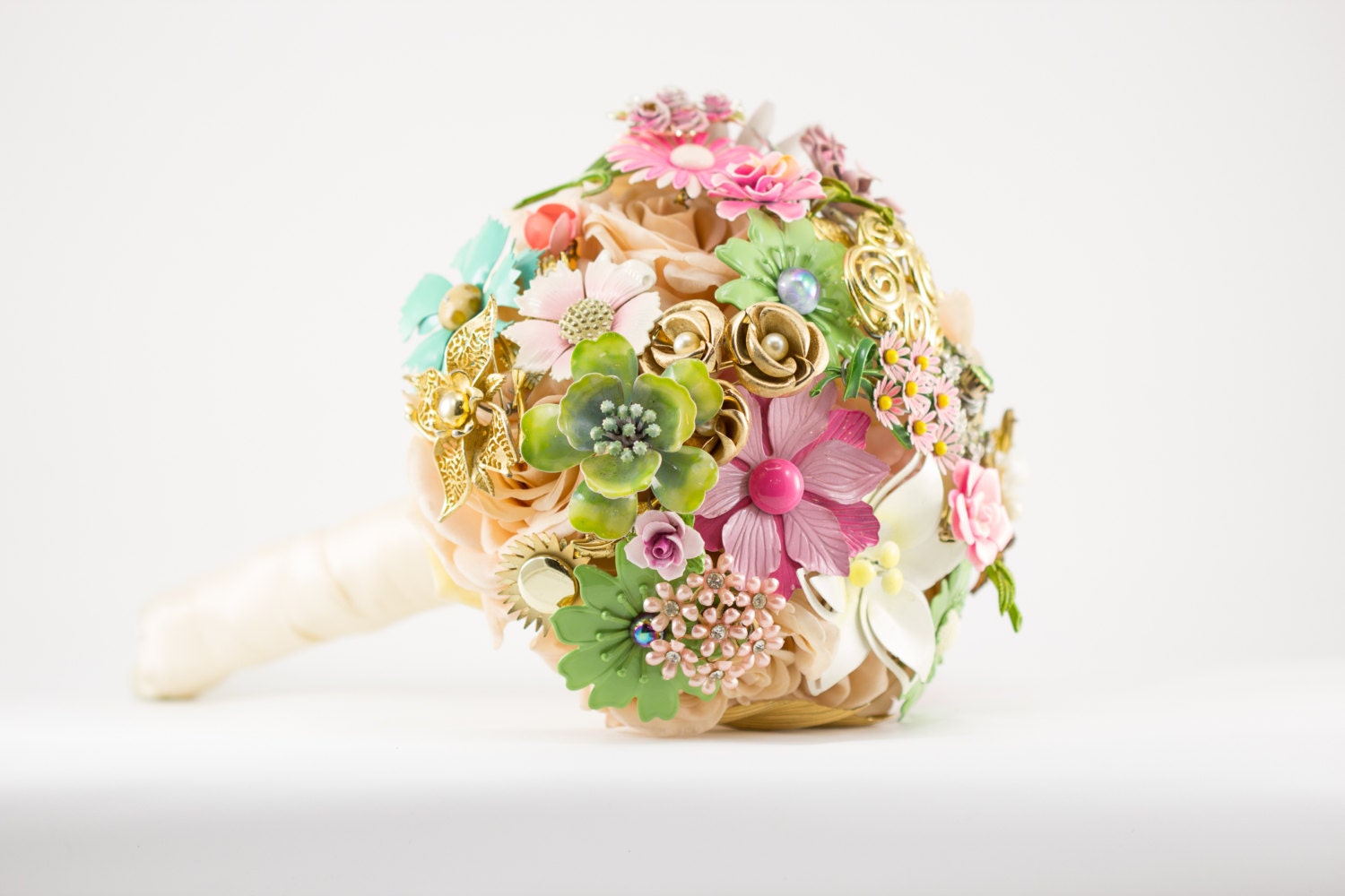 Sample Sale 30% Off - Pink and Green Brooch Bouquet with Silk Flowers Ready to Ship