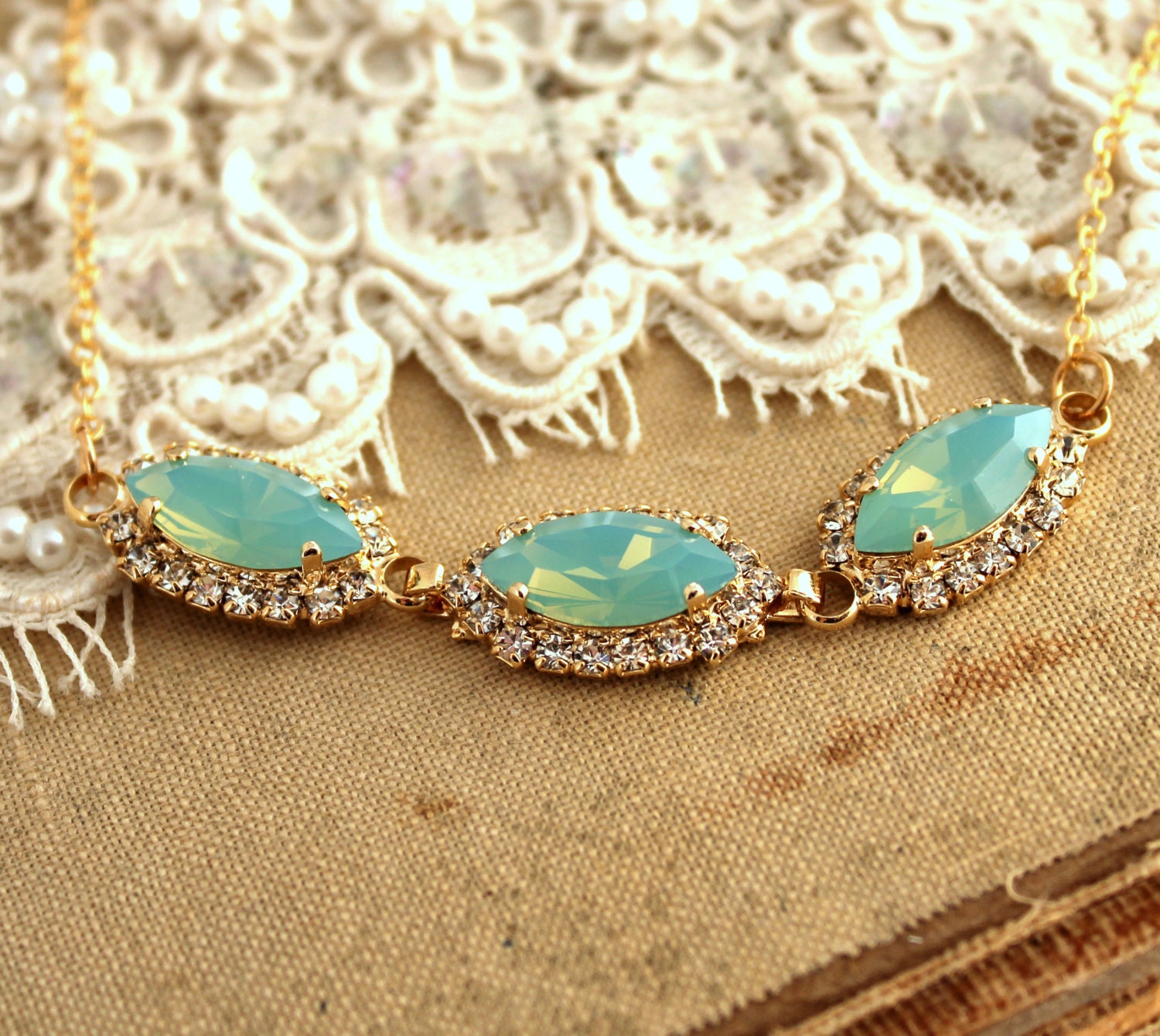 Crystal Mint Swarovski necklace,Bridal necklace, wedding jewelry,bridesmaid jewelry - Plated 14 k gold necklace is real goldfield.