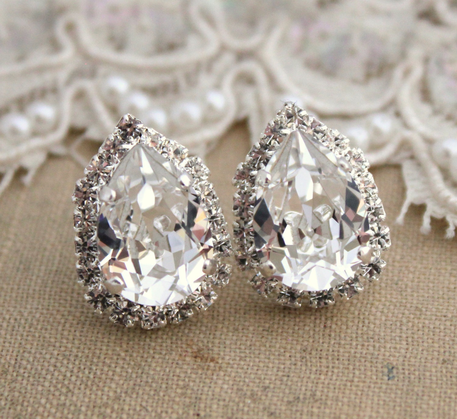 Crystal Ice big teardrop stud earring Brides jewelry, bridesmaids earrings - silver plated swarovski genuine crystals