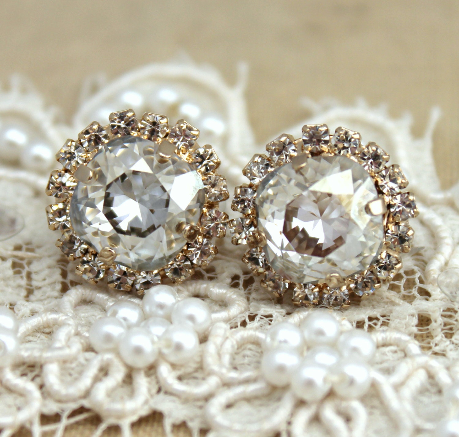 Crystal clear stud Petite vintage earring - 14k plated gold post earrings real swarovski rhinestones .
