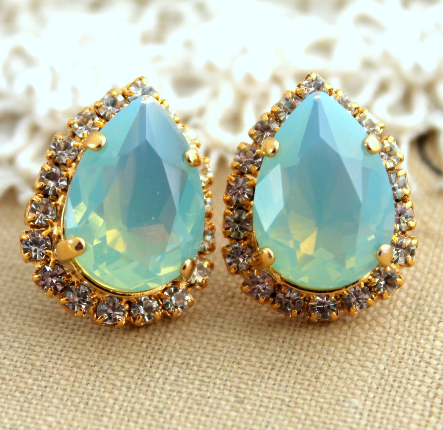 Clear Mint Crystal big teardrop stud earring - 14k plated gold post earrings real swarovski rhinestones .