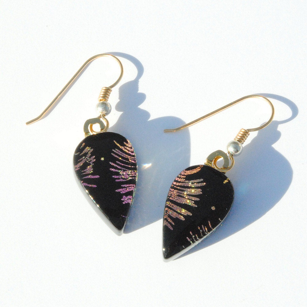 Dangle Earrings - Dichroic Glass Earrings, Fused Glass Jewelry - 18K Gold Filled Wires - Color Splash Black Multicolor (Item 30530-E)