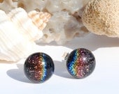 Petite Dichroic Glass Studs - Fused Glass Jewelry, Sterling Silver Posts - Dark Rainbow Spectrum - Approx. 5/16" 8mm (Item 30567-E)