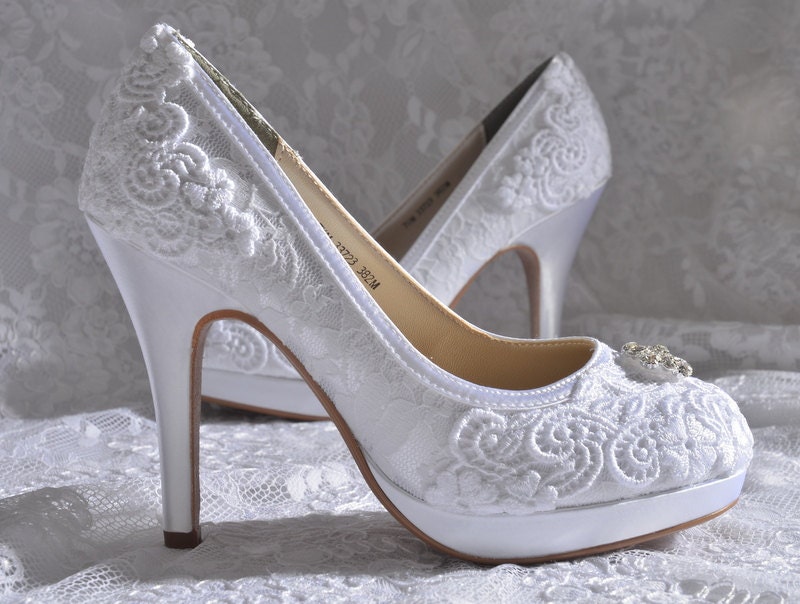Wedding Shoes - Custom Colors 120 Choices - PB382 Vintage Bridal Shoes-  Lace , Pearl Brooch, Women's Bridal Shoes