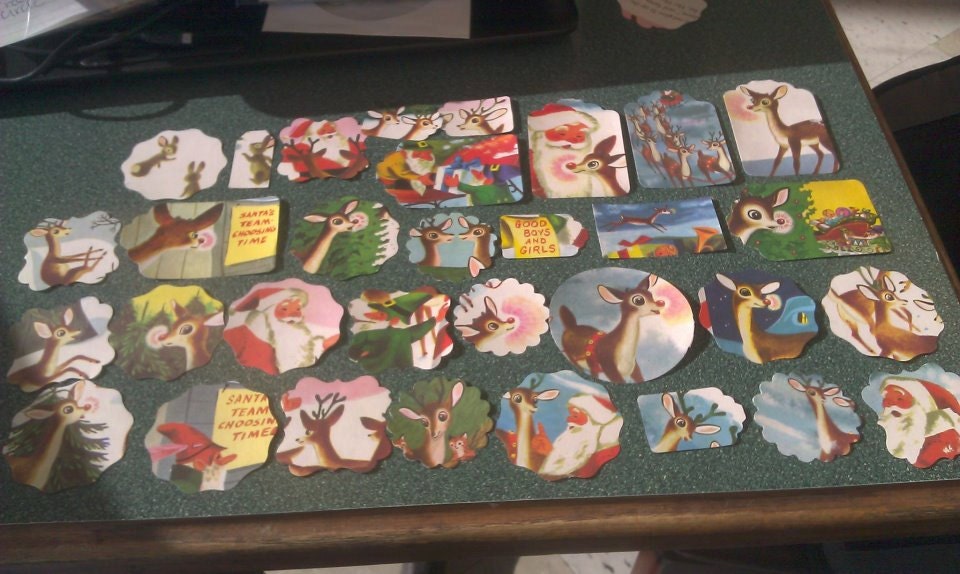 Vintage Rudolph the Red Nosed Reindeer Scrapbooking Die cuts, from Little Golden Book, set of 32 pcs, Recycled book, Santa, Christmas, cards