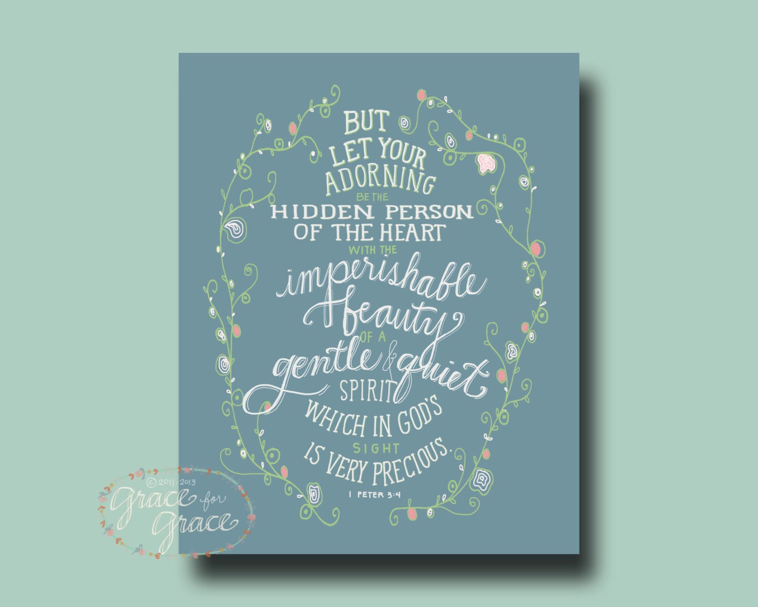 8x10 Fine Art Giclee Print- A Gentle and Quiet Spirit - Hand Lettering -Baby Shower- Baby Dedication- Greyish Blue