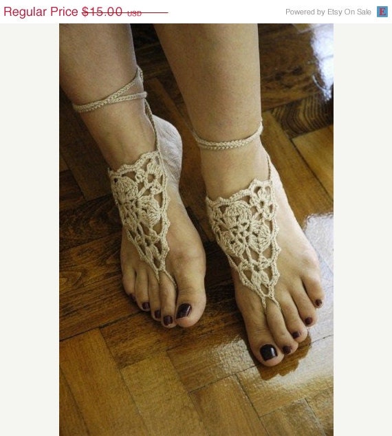 BIG SALE Beige  Barefoot Sandals, Lace shoes,Summer, Footwear, Bridal, Cotton, dance, sexy, aglow, ecofriendly, vamp The front page on ETSY