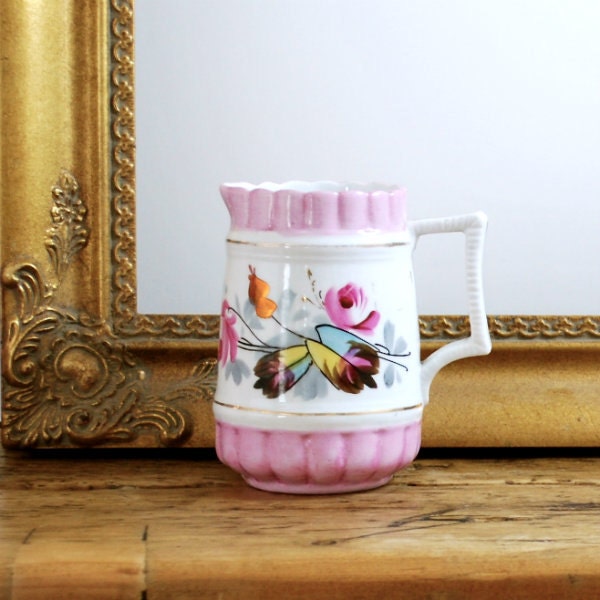 Antique Porcelain Creamer Milk Pitcher Jug Pink Florals Vase Decor Collectible