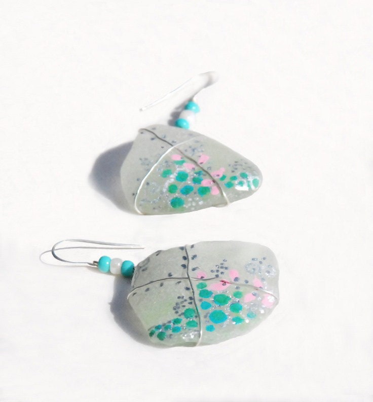 Painted Sea Glass Earrings in Silver. Long Dangle Earrings. Wire Wrapped Earrings.Teal,Pink,Silver. Statement Earrings.Beach Glass Jewelry.
