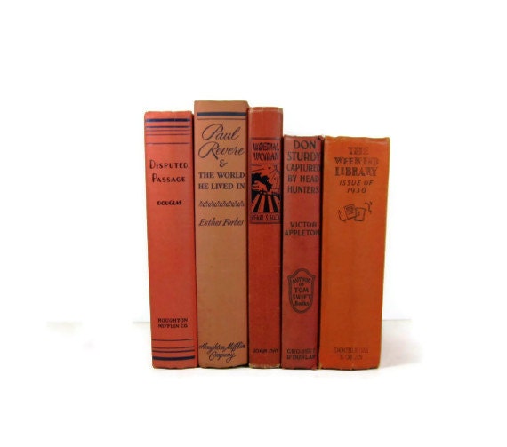 Shabby Chic Shades of Orange Vintage Decorative  Books Wedding Decor  Photo Prop