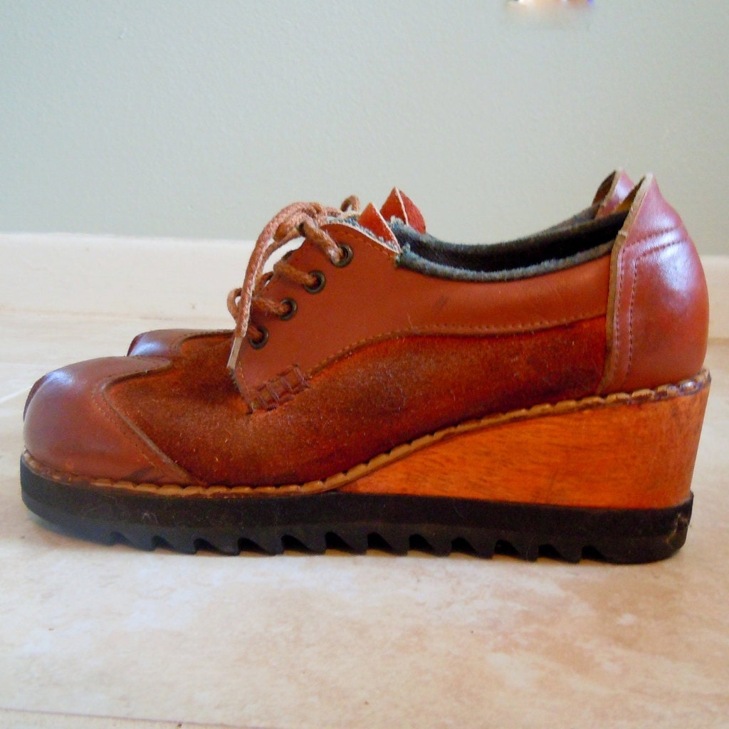 1960s Wood and Leather Platform Sneakers - Vintage High Heel Suede Tennis Shoes - Orange Brown