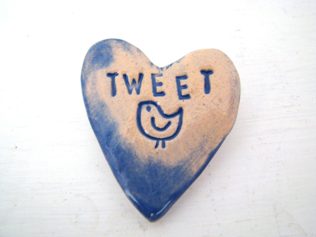 Tweet  Birdie heart brooch / pin / button / badge. Ceramic. Made in Wales, UK