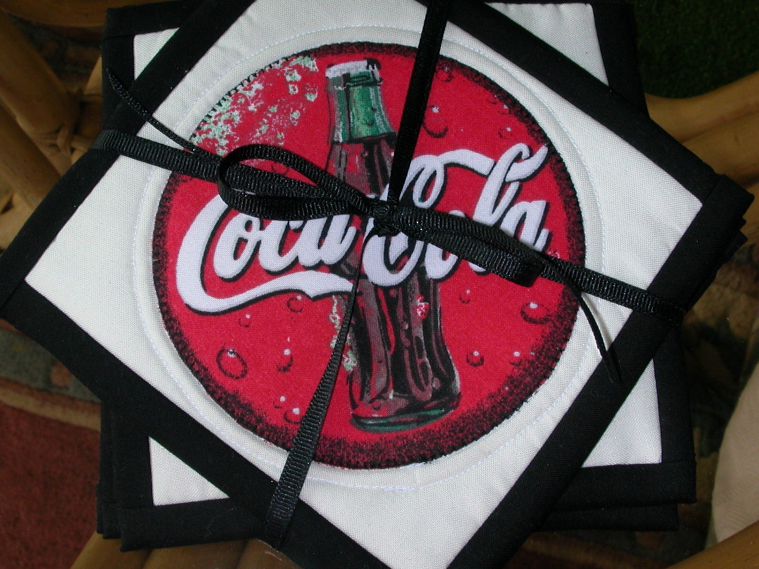QUILTED CocaCola COASTERS  Set of 6 in Red Black White 6 inches square