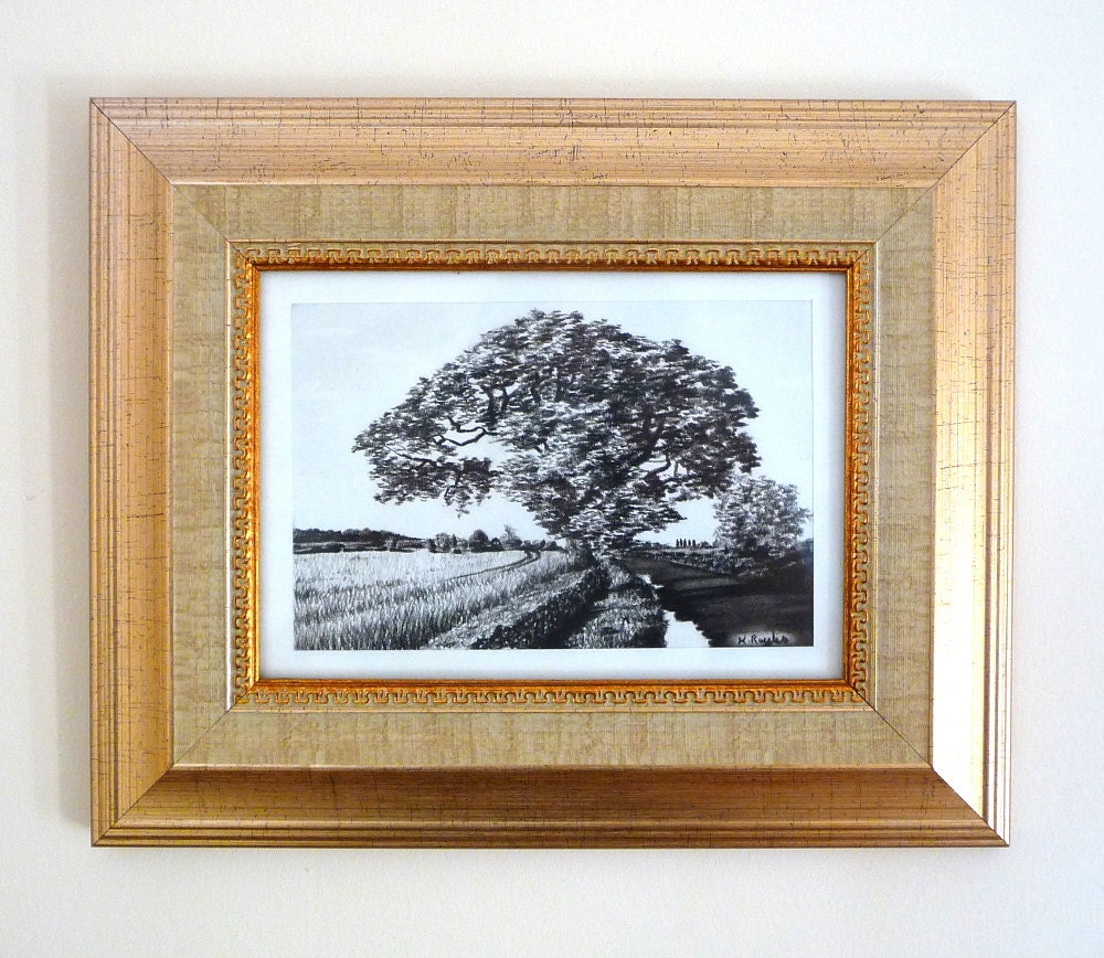 Oak tree original charcoal drawing, landscape, black and white