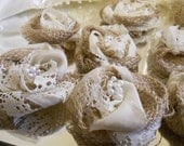 Set of 10, 3" Handmade Natural Loose Weave Burlap & Ivory Lace Flowers for weddings, bouquet making, wedding decor, scrapbooking, gifts,