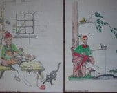 Two 1980's Handcolored Fairy Elf Pixie Nymph Prints Black cat Spider Web Mushrooms