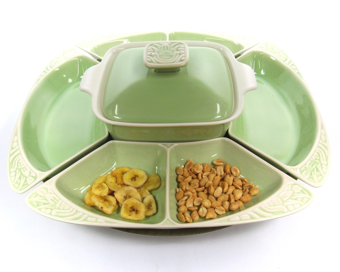 Vintage Lazy Susan Chip and Dip Set / Giant Size Hoenig of California / Mid Century Serving / Celadon Green