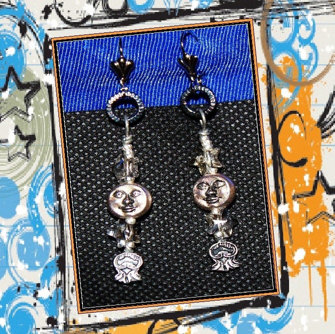 celestial earrings with Swarovski crystal stars, silver moons, original, unique