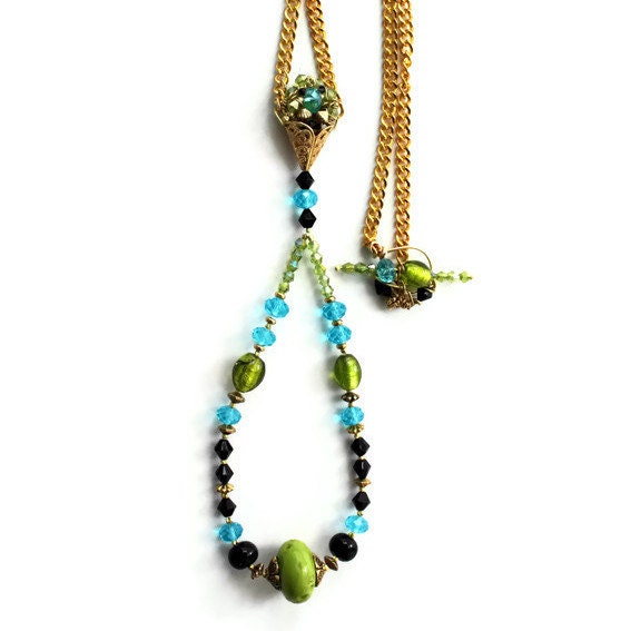 caribbean blue Necklace Swarovski beaded -  chartreuse, black  crystal passions- Victorian style ooak