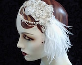 Snow White Bridal Headband, 1920's Flapper Bridal Headpiece, Feather Fascinator, Rhinestone Beaded Bridal Headdress, White Wedding