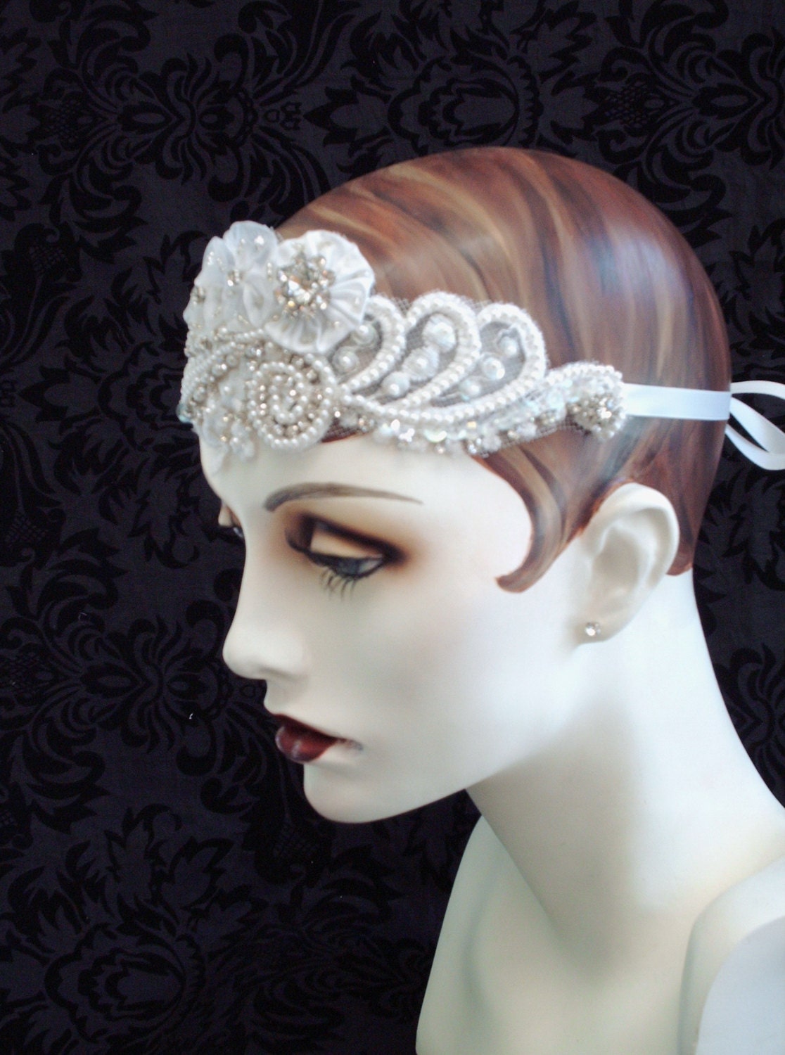 White Bridal Headband, Flapper Inspired Bridal Headpiece, Art Deco Style, Flapper Headband, 1920s Style, Retro Weddings, Bridal Accessories