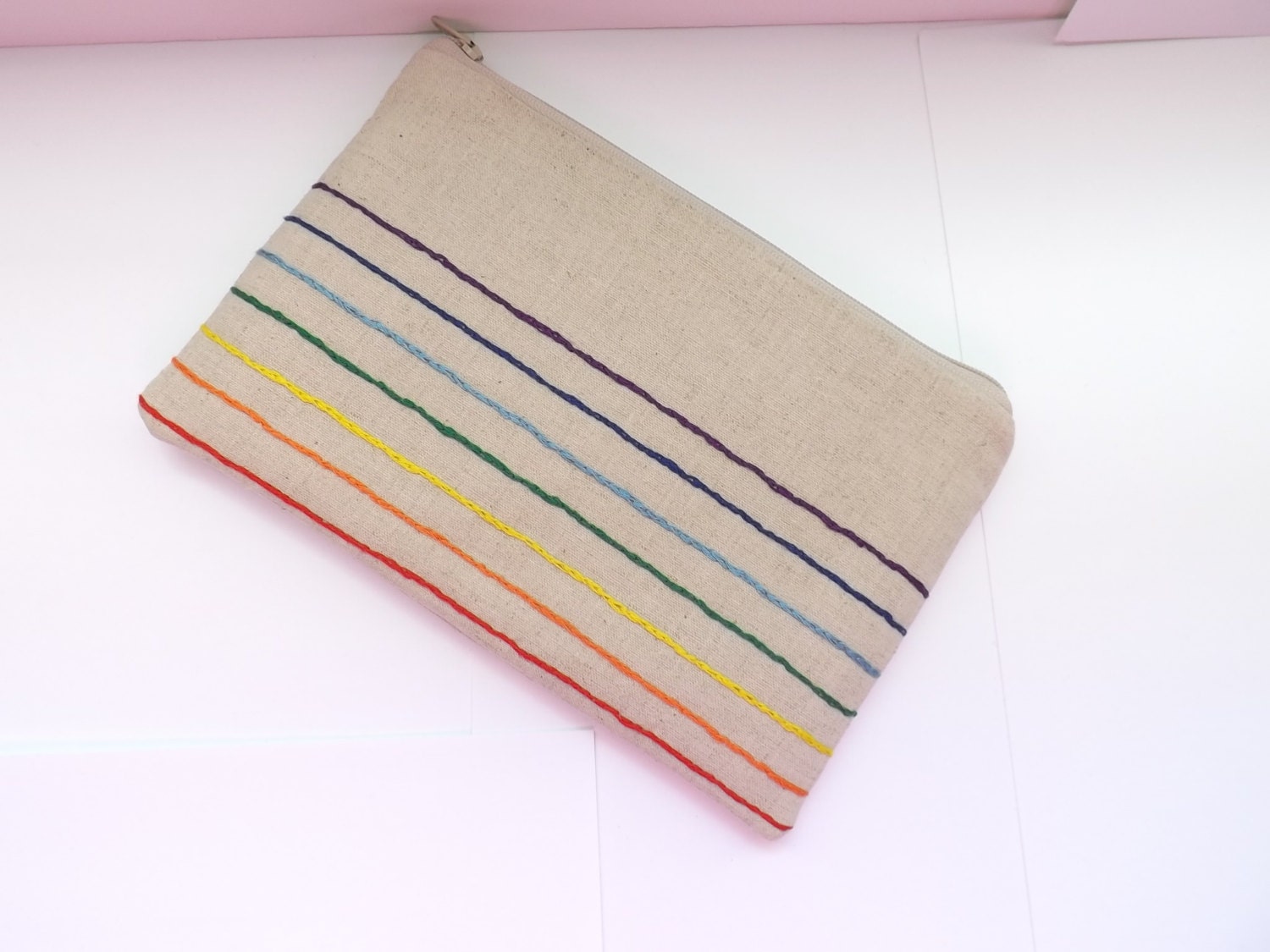 New  Rainbow Zipper Pouch with Red lining