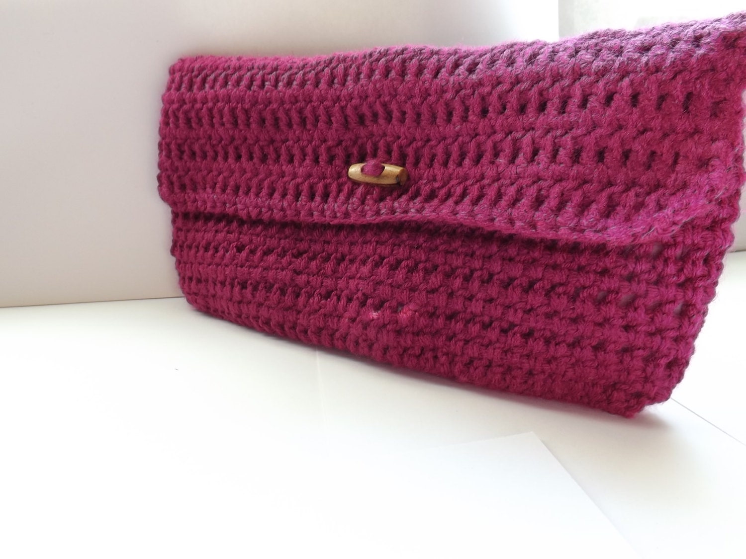 Handmade Crocheted Magenta Clutch with Wooden Button