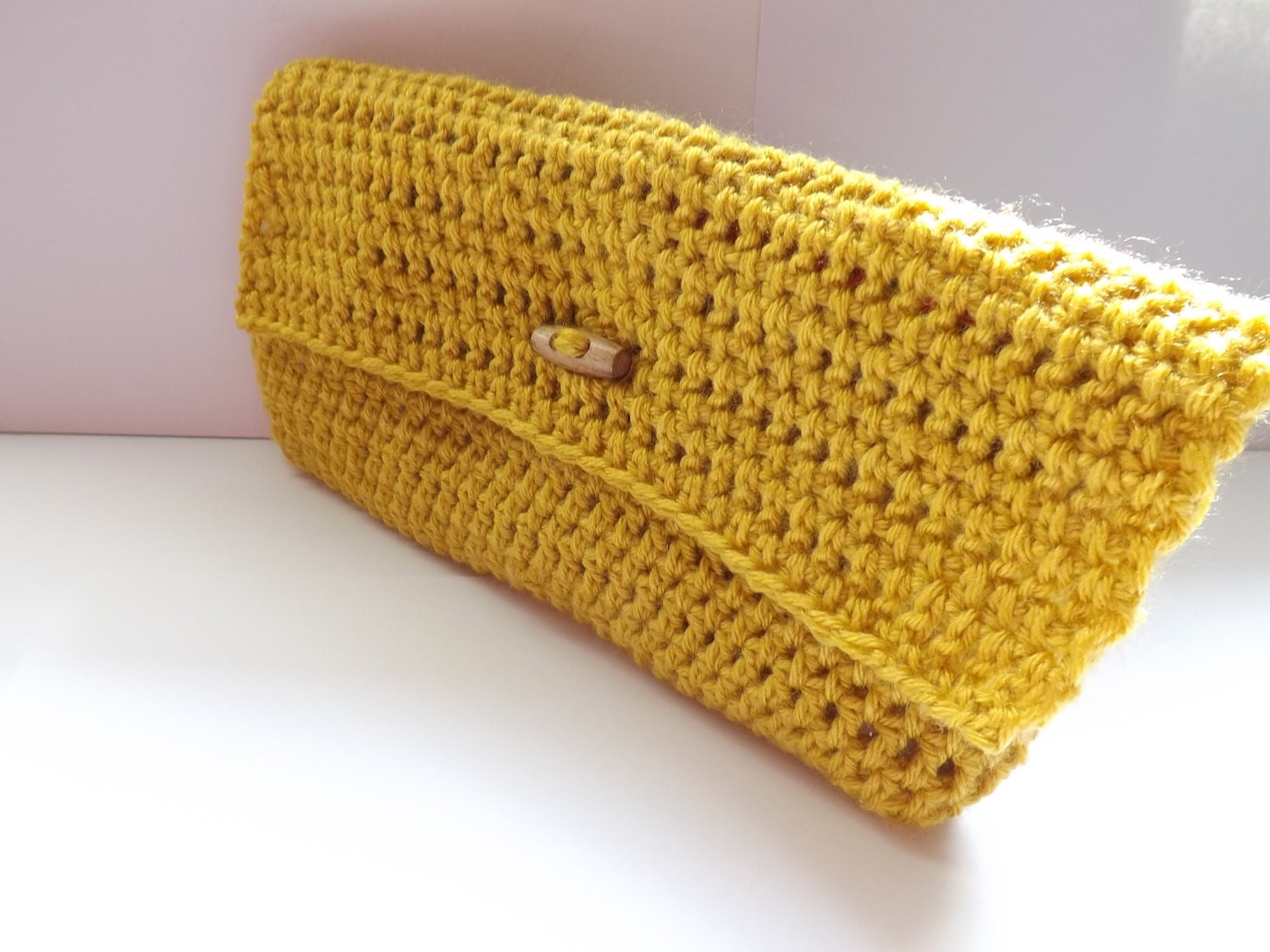 Handmade Crocheted Mustard Yellow Clutch with wooden button