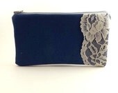 Ready to Ship/Royal Blue Lace Pouch/Clutch Pouch/Zipper Pouch/Gray Lining