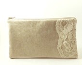 Ready to Ship/Zipper Beige Pouch With Floral Peach Lining/Women/Gift Idea