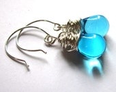 Aqua Blue Glass Teardrop Silver Wire Wrapped Earrings