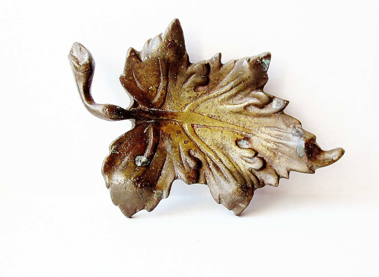 Vintage Brass Leaf Dish Weathered  Patina Heavy Cast Metal Home Decor Art Nouveau