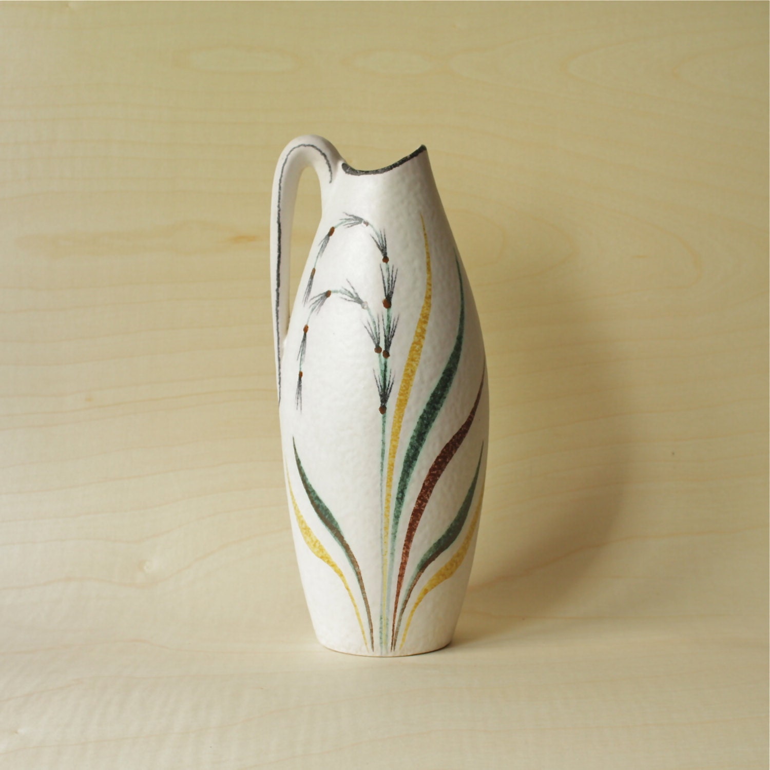 LARGE Mid Century Modern West German Pottery Handpainted Handled Vase by ES-Keramik