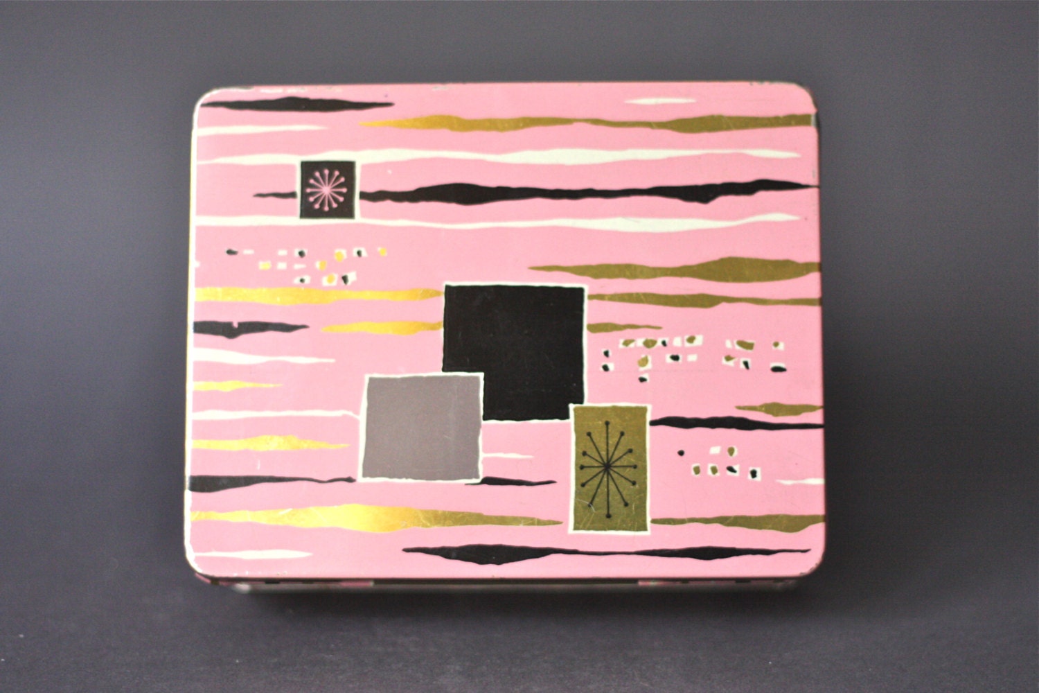 Mid Century Modern Bisquits Tin Box Pink Starburst