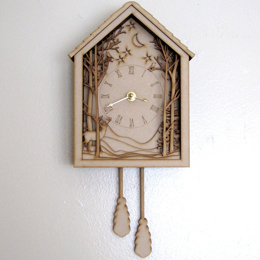 Cuckoo Clock - Winter Midnight Forest Diorama Laser Cut Wood Wall Hanging