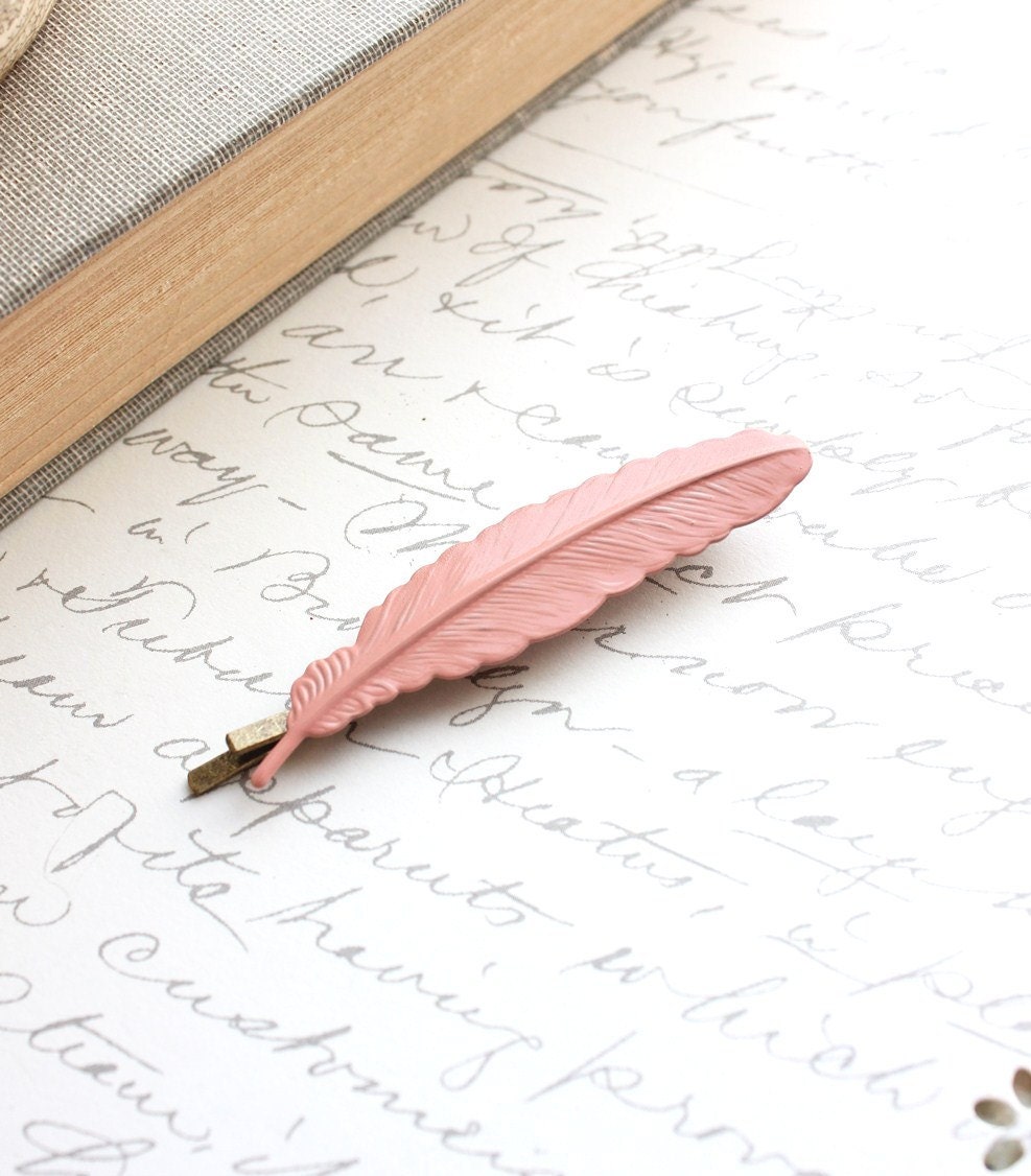 Feather Bobby Pin, Pink Feather, Peach, Pastel, Easter, Spring, Bridal Hair Accessories, Bridesmaids, nature, woodland, natural history - apocketofposies