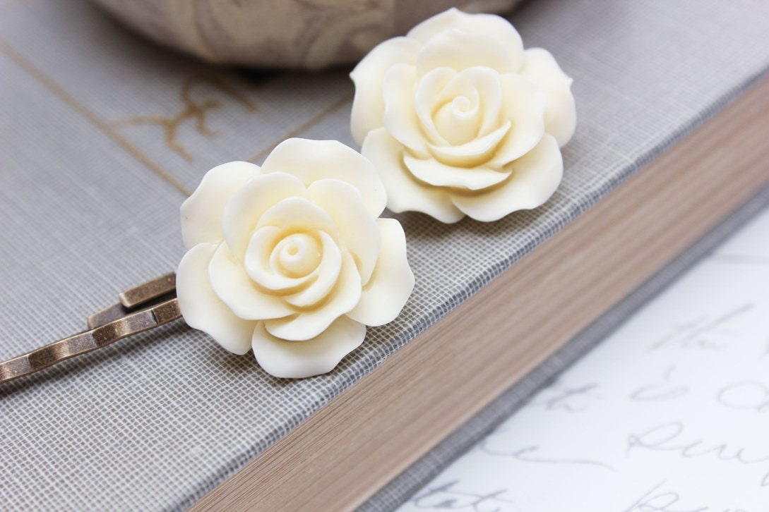 Ivory Rose Bobby Pins, Wedding Bridal, Hair Slides, Cream White, Large Rose, Floral Accessories, Flower Bobby Pins Hair Clips Romantic