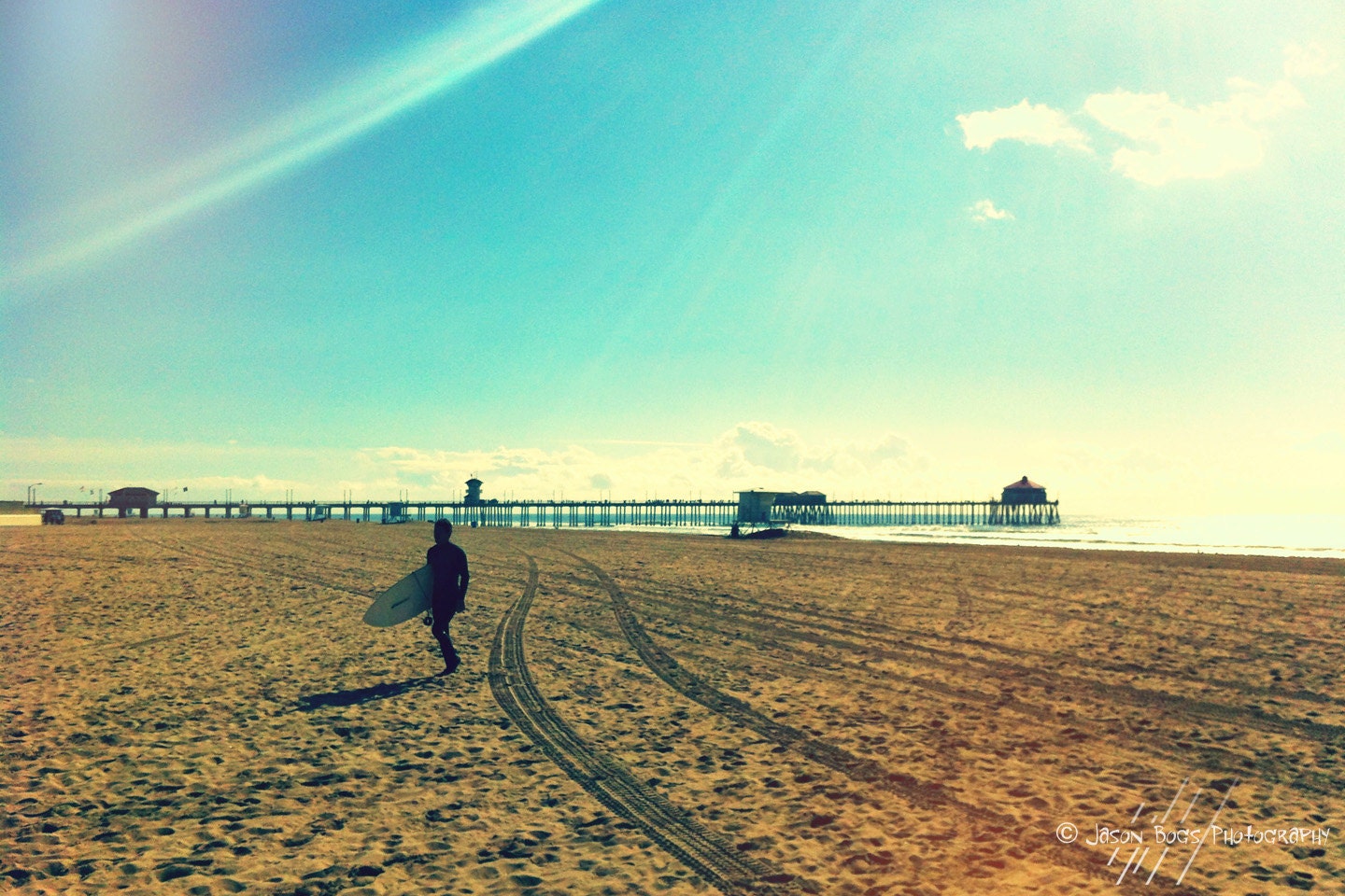 California Surfer walking on the Beach - 8x12 surf photo with Pier