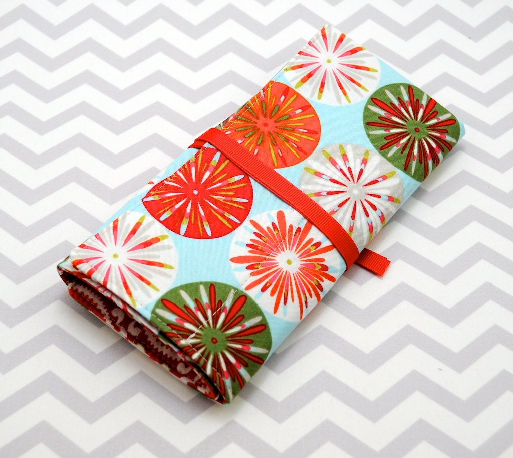 Makeup Brush Case - Vinyl Lined - Red and Green Bursts and Medallions Cotton