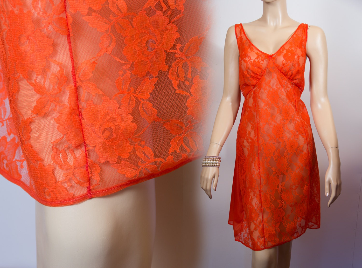 Flame red XL plus size lingerie vintage full slip 1970s vintage (PL295)