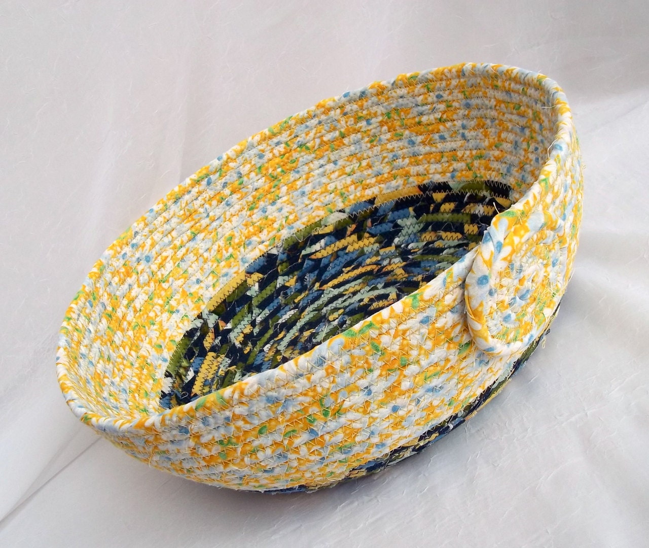 Spring Bread Basket,  Handmade Yellow Floral Fruit Bowl, Napkin Holder, hand wrapped and coiled fabric basket