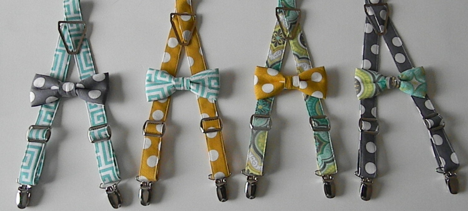 Mix-n-Match Grey, Yellow, and Turquoise Suspender and Bow Tie Sets