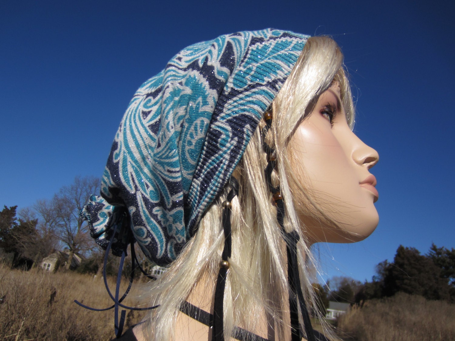 Floral Slouchy Beanie Turquoise Navy Blue Silver Flowers BOHO Clothes by Vacationhouse A1470